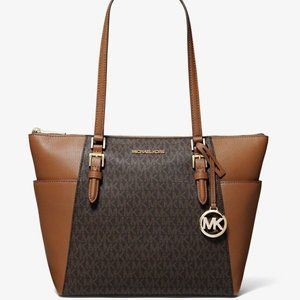 New Michael Kors Charlotte Large Shoulder Tote Signature Coated Canvas Brown